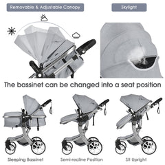 The grey baby stroller bassinet converting to a seat in three positions
