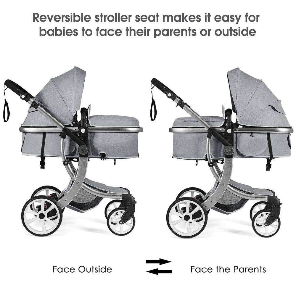 The grey baby stroller seat being reversed to face outwards or inwards