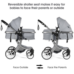 The grey baby stroller seat being reversed to face outwards or inwards