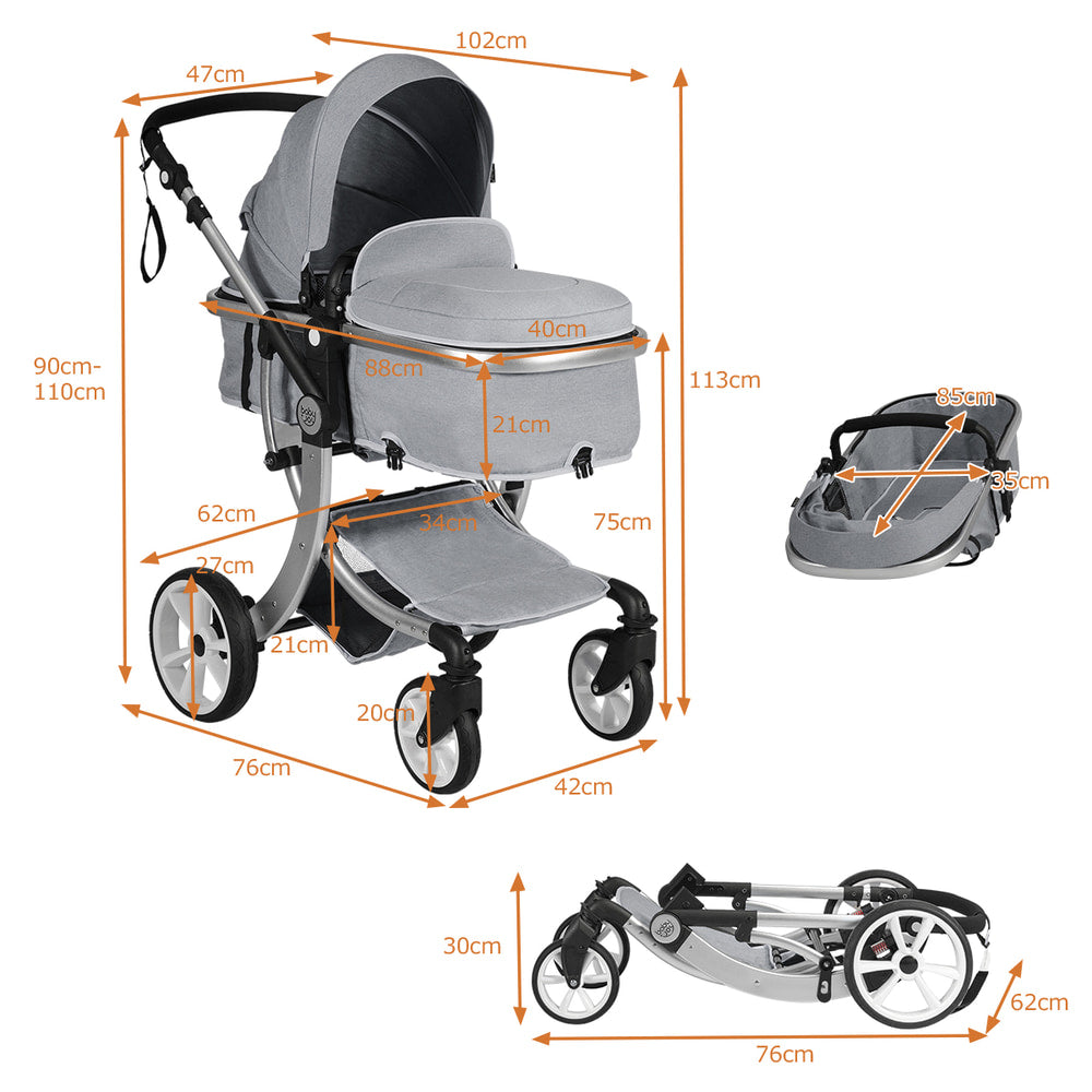 Dimensions of the grey baby stroller in its upright and folded positions