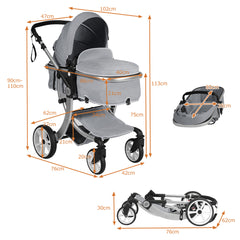 Dimensions of the grey baby stroller in its upright and folded positions