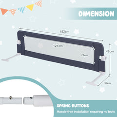 Dimension diagram of the grey bed rail showing measurements and spring buttons