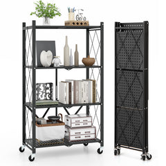 4-Tier Metal Foldable Collapsible Storage Rack with Lockable Wheels-Black
