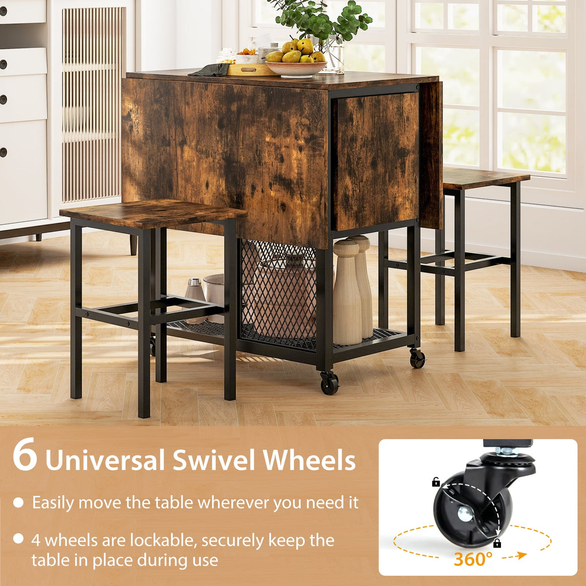 3-Piece Foldable Dining Table Set in Brown, image 7