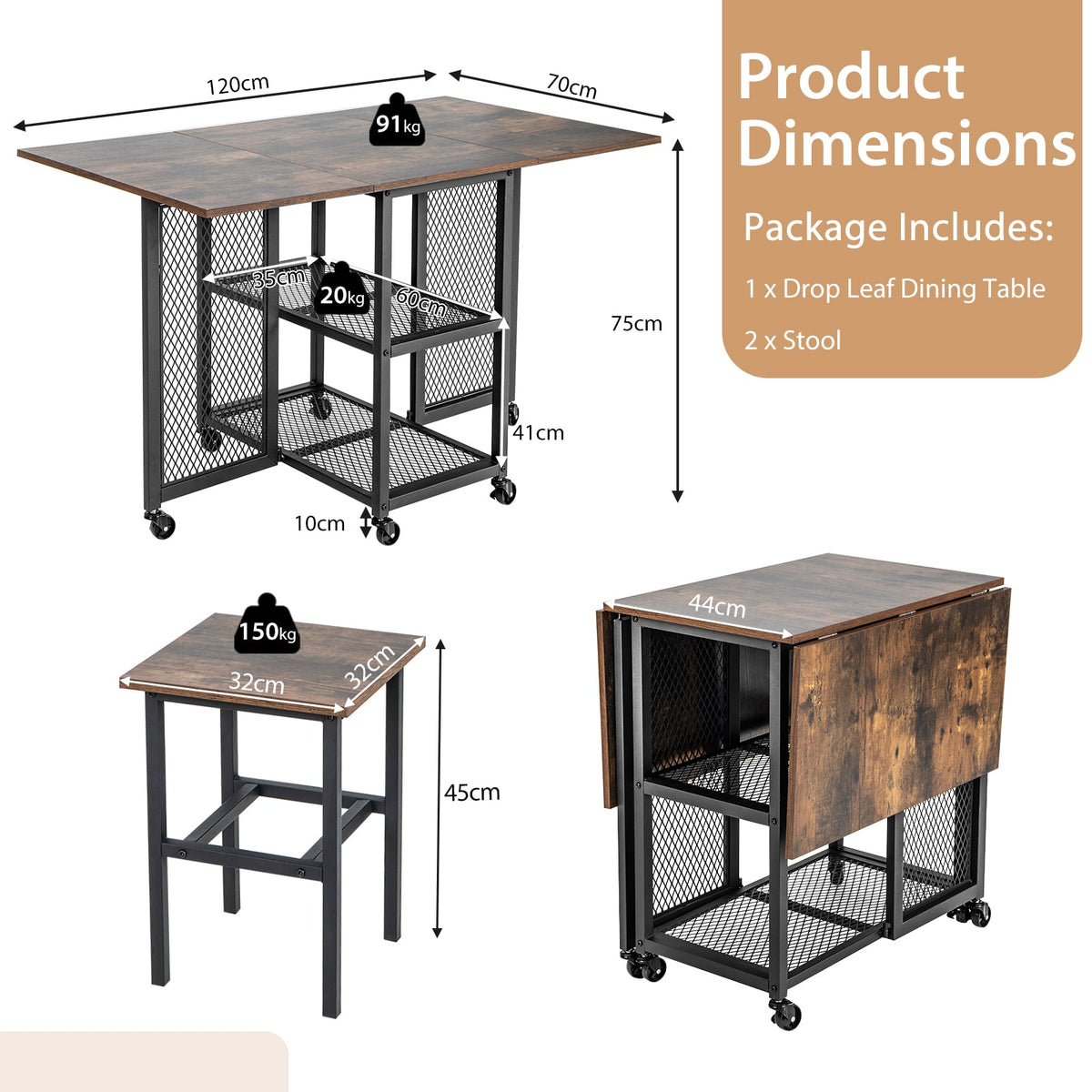3-Piece Foldable Dining Table Set in Brown, image 5