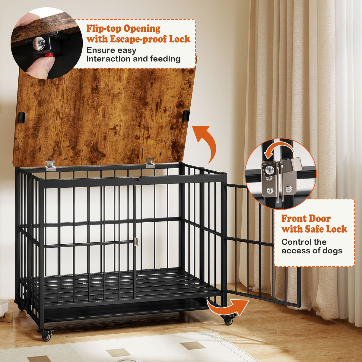 Foldable Dog Crate Furniture with Removable Tray Heavy-duty Chew-resistant Dog Kennel-L