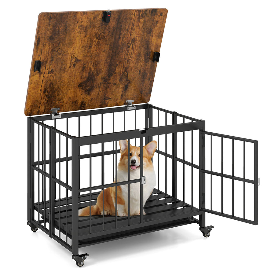 Foldable Dog Crate Furniture with Removable Tray Heavy-duty Chew-resistant Dog Kennel-M