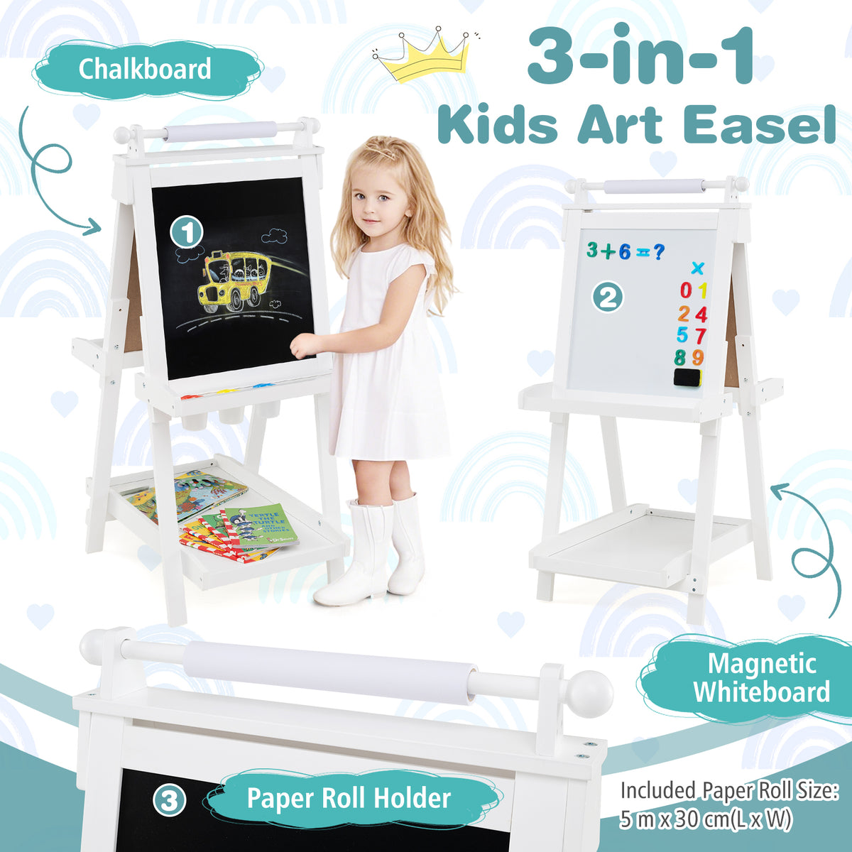 3-in-1 Double-sided Art Easel Foldable Easel for Kids-White