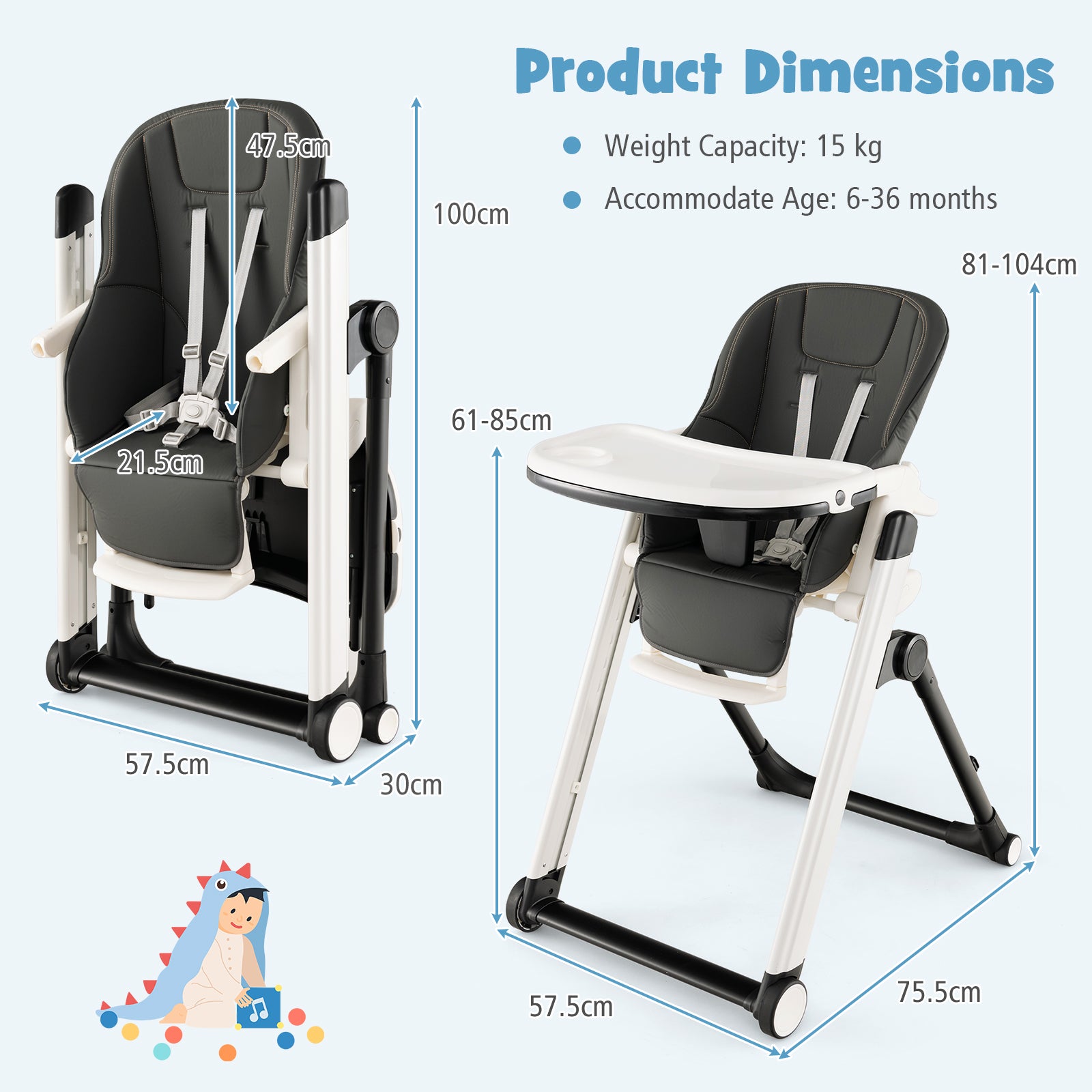 Foldable High Chair with Recline Backrest and Adjustable Height-Dark Grey