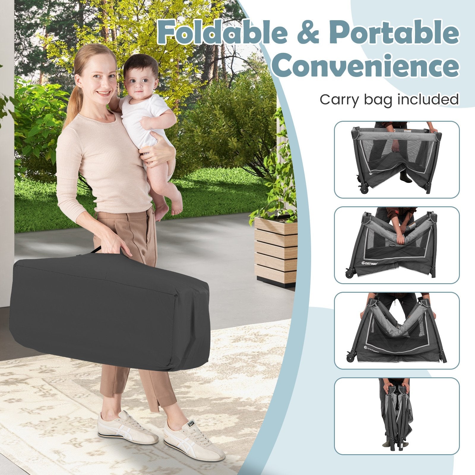 5-in-1 Foldable Pack and Play with Removable Bassinet-Grey