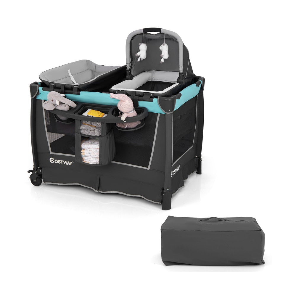 5-in-1 Foldable Pack and Play with Removable Bassinet in Green