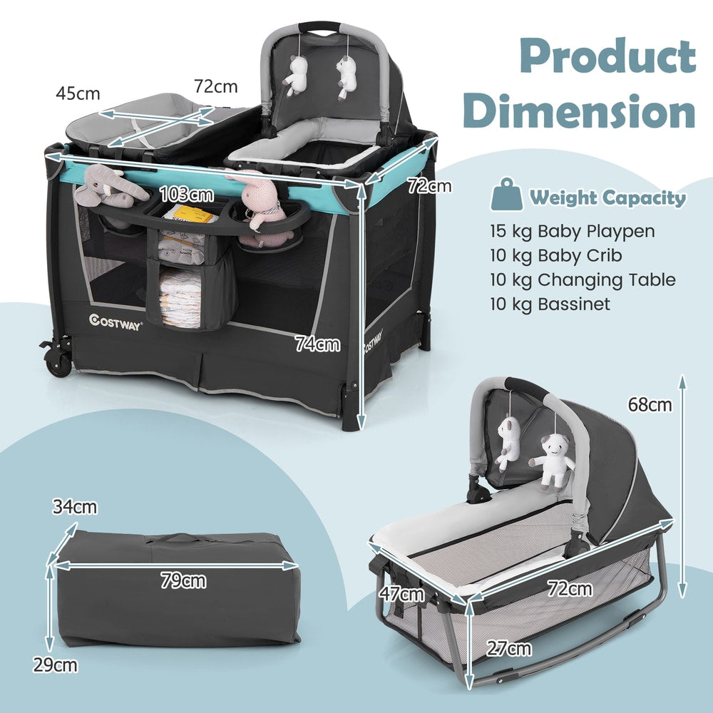 5-in-1 Foldable Pack and Play with Removable Bassinet in Green