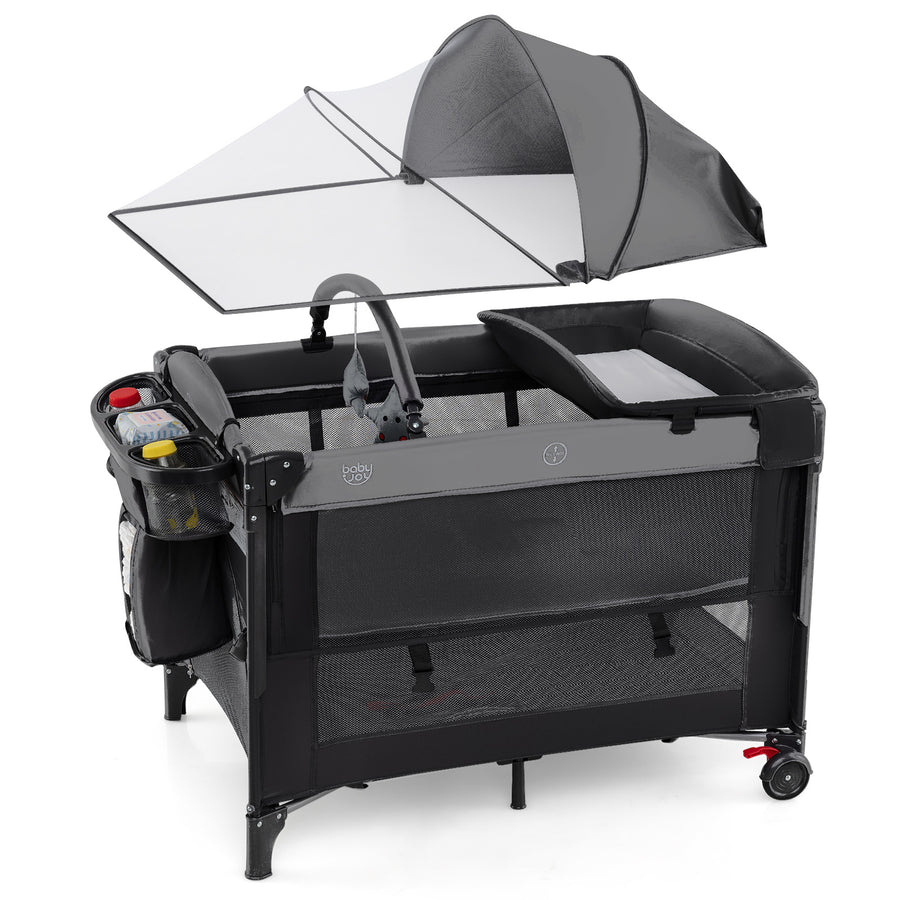 Foldable Pack and Play with 5 Adjustable Heights and Changing Table-Dark Black