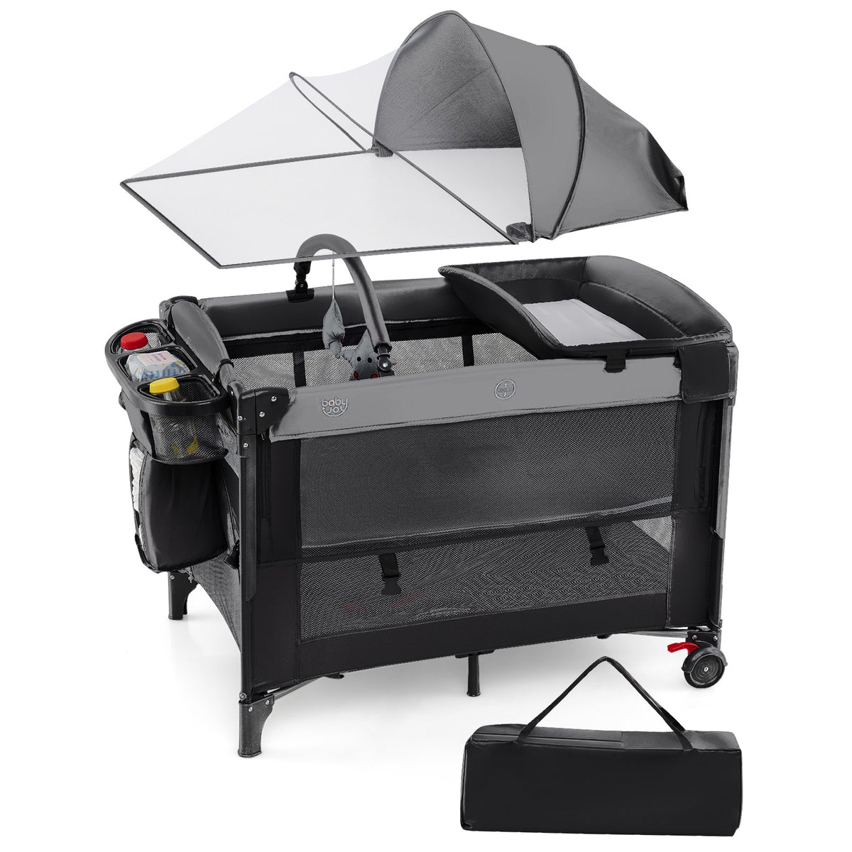 The baby playpen and playard with a canopy and changing table attached
