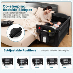 Foldable Pack and Play, baby playpen and playards shown co-sleeping bedside sleeper