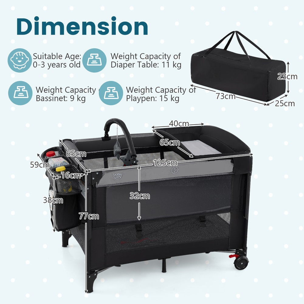 Foldable Pack and Play, dimension diagram for the baby playpen and playards