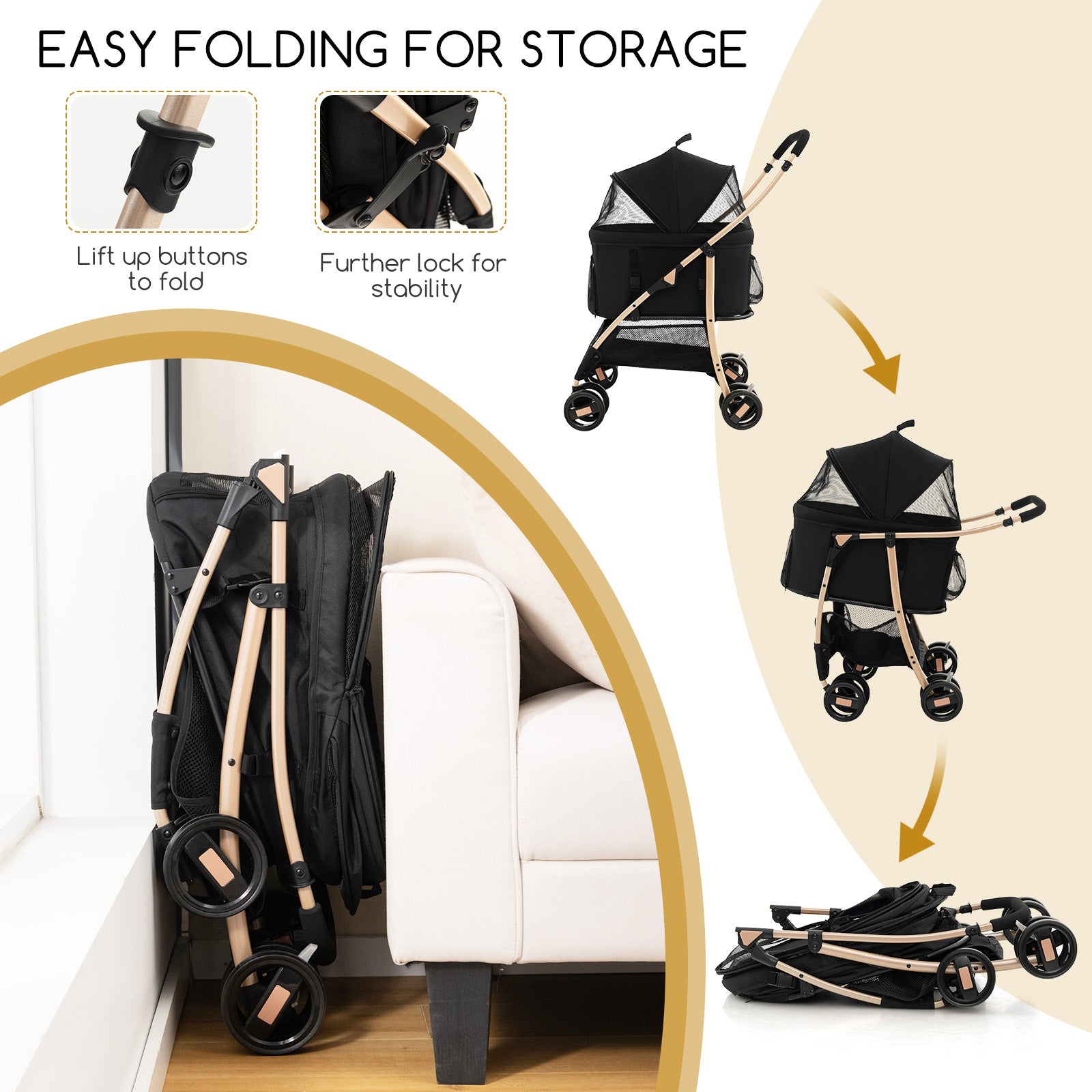 Foldable Pet Stroller with 4-Level Adjustable Canopy and Storage Basket-Black & Gold