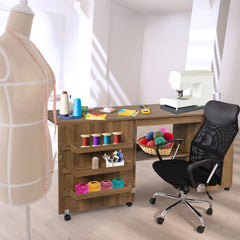 Large Foldable Sewing Table with Lockable Casters-Natural