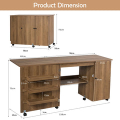 Large Foldable Sewing Table with Lockable Casters-Natural