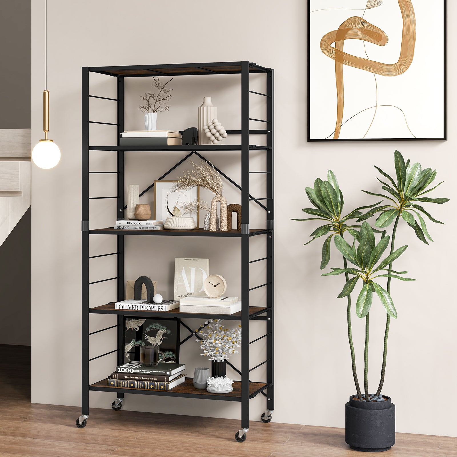5-Tier Foldable Shelving Unit Metal Shelves with Detachable Wheels-Black