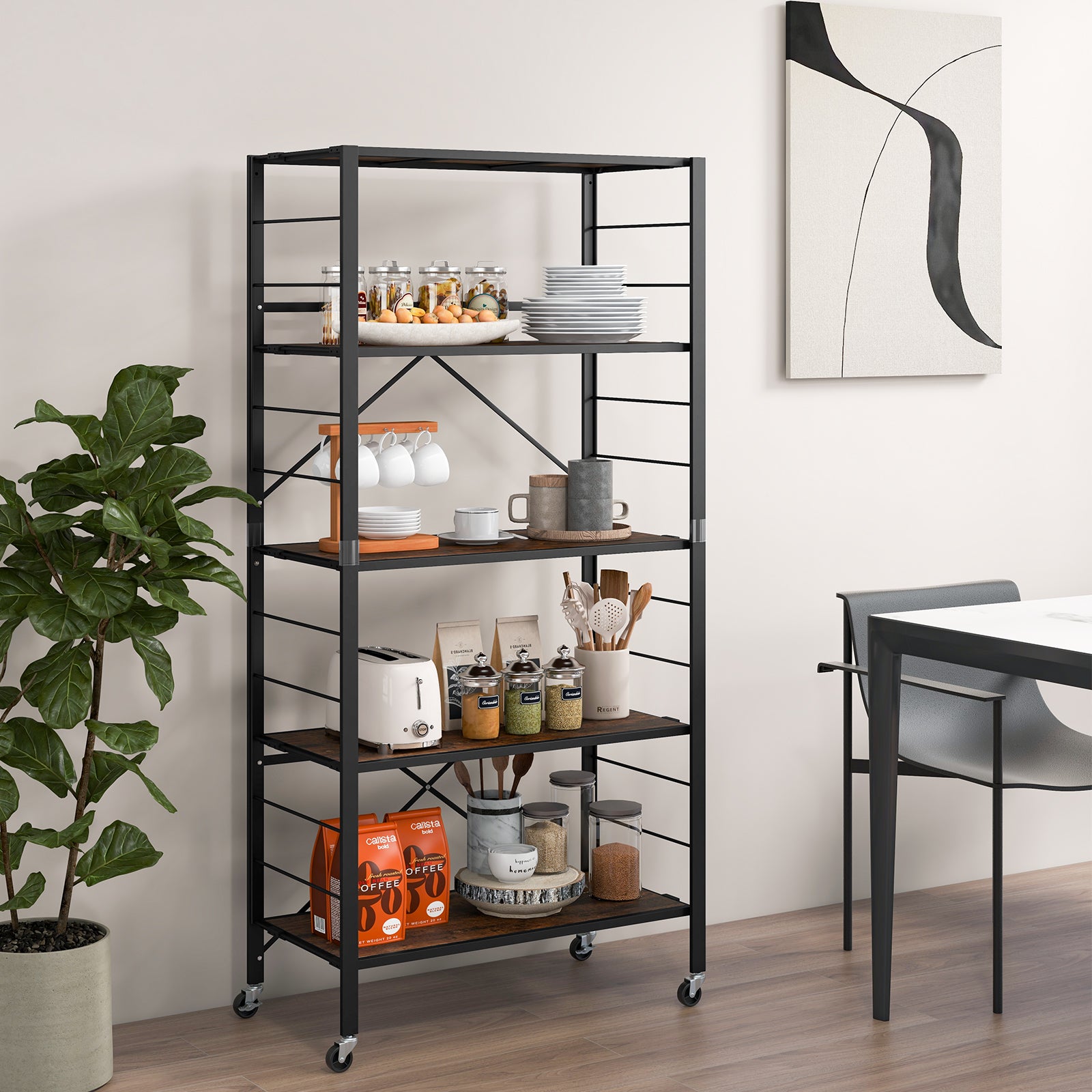 5-Tier Foldable Shelving Unit Metal Shelves with Detachable Wheels-Black