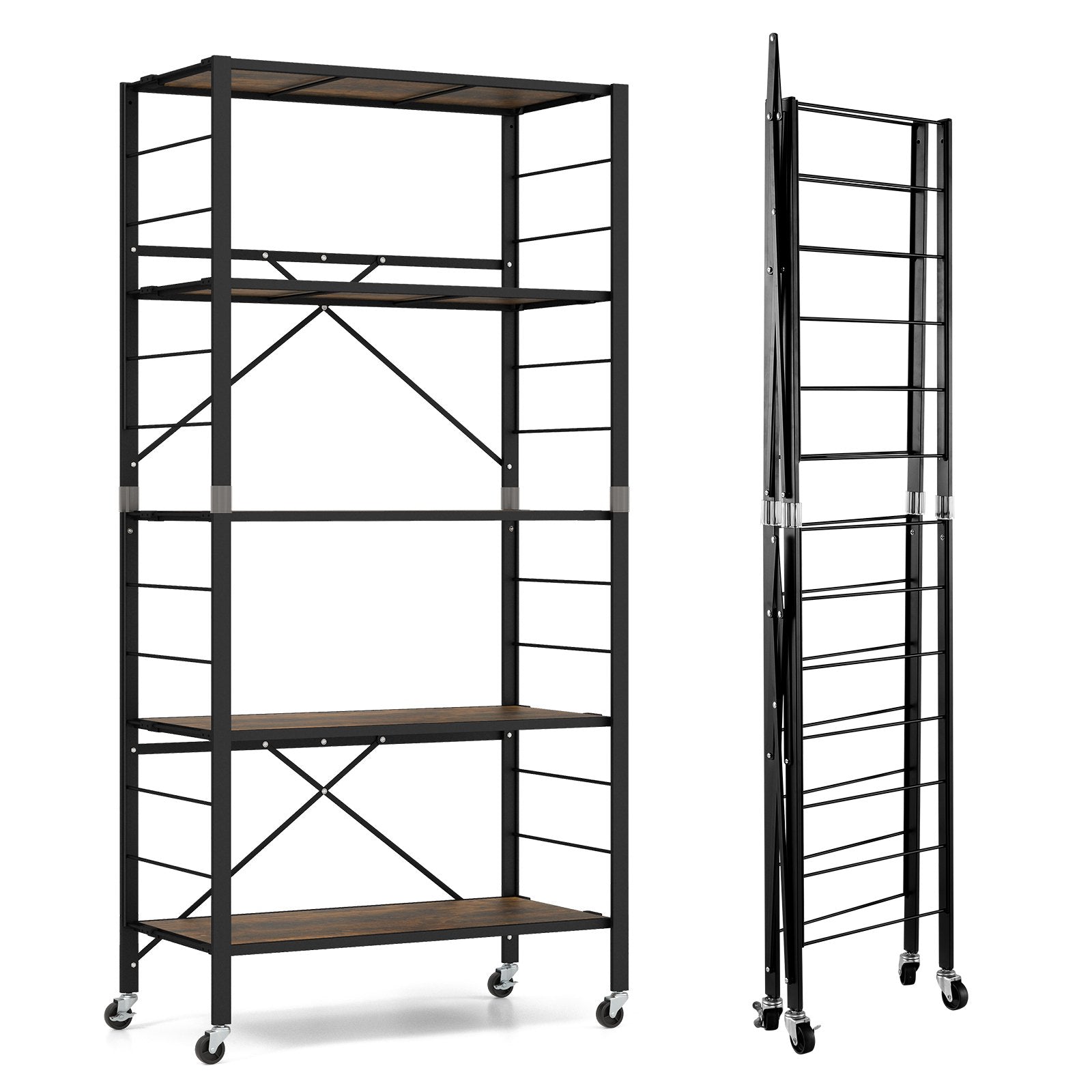 5-Tier Foldable Shelving Unit Metal Shelves with Detachable Wheels-Black