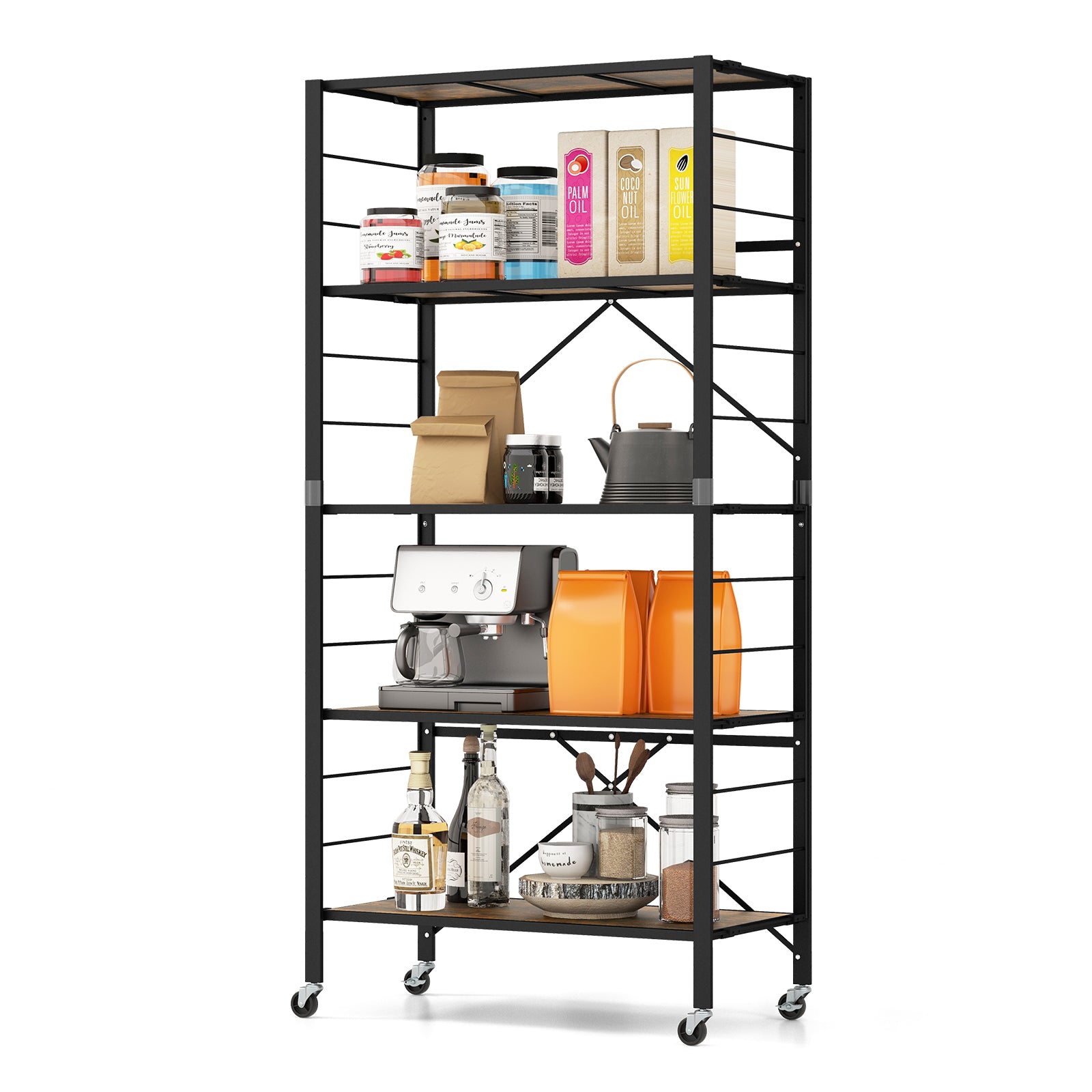 5-Tier Foldable Shelving Unit Metal Shelves with Detachable Wheels-Black