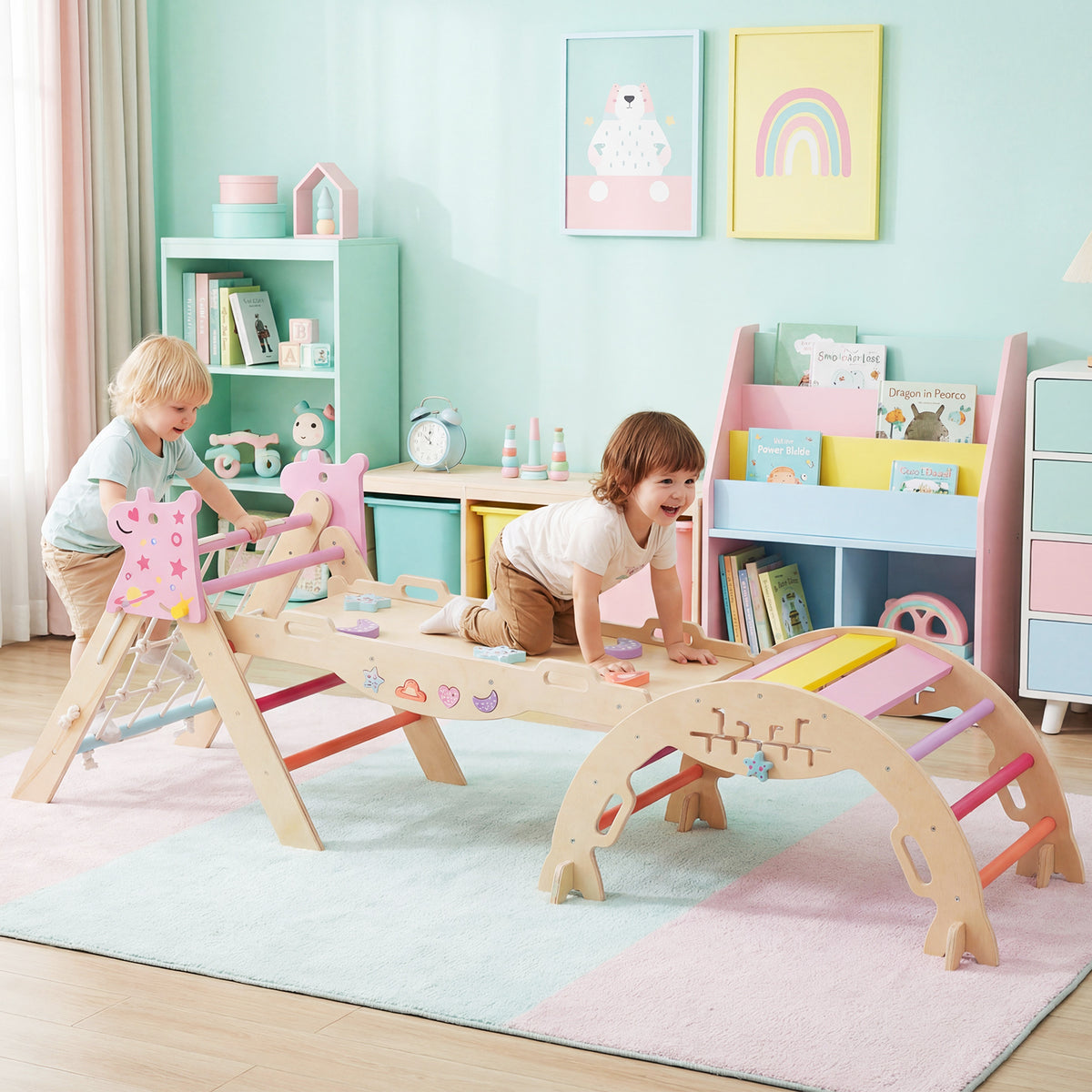3-Piece Foldable Toddler Climbing Toys with Climber Rope and Maze Game-Macaron