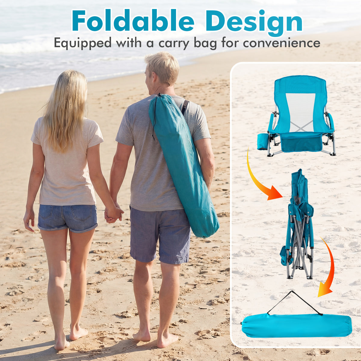 Folding Beach Chair with Padded Armrests and Storage Pocket-Blue