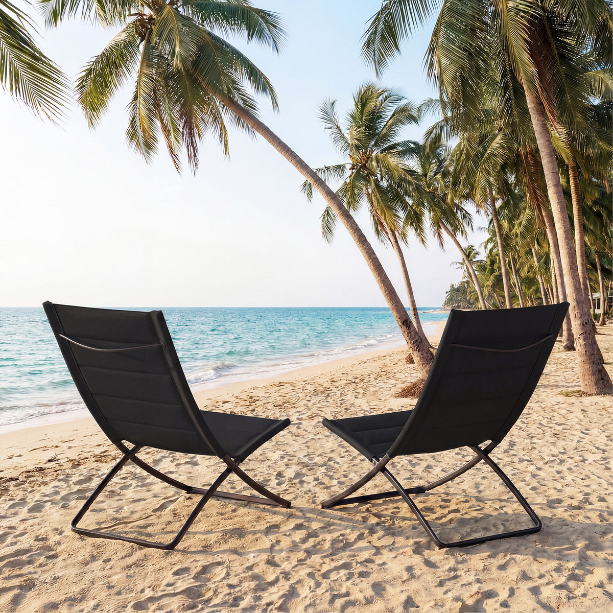 Folding Beach Chairs Set of 2 with Padded Backs and Seats for Adults-Black