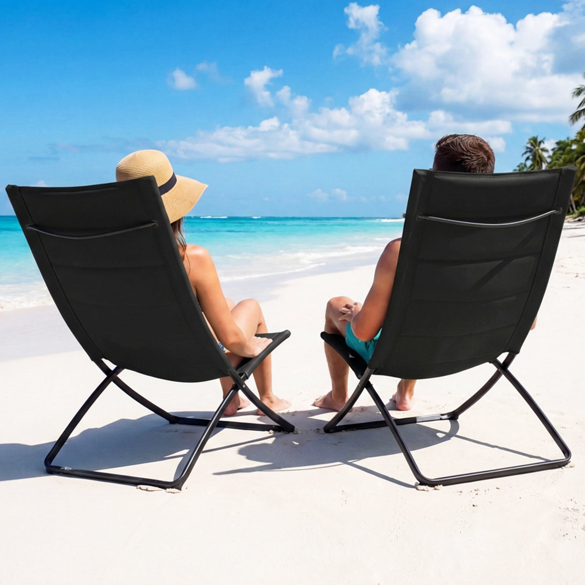 Folding Beach Chairs Set of 2 with Padded Backs and Seats for Adults-Black