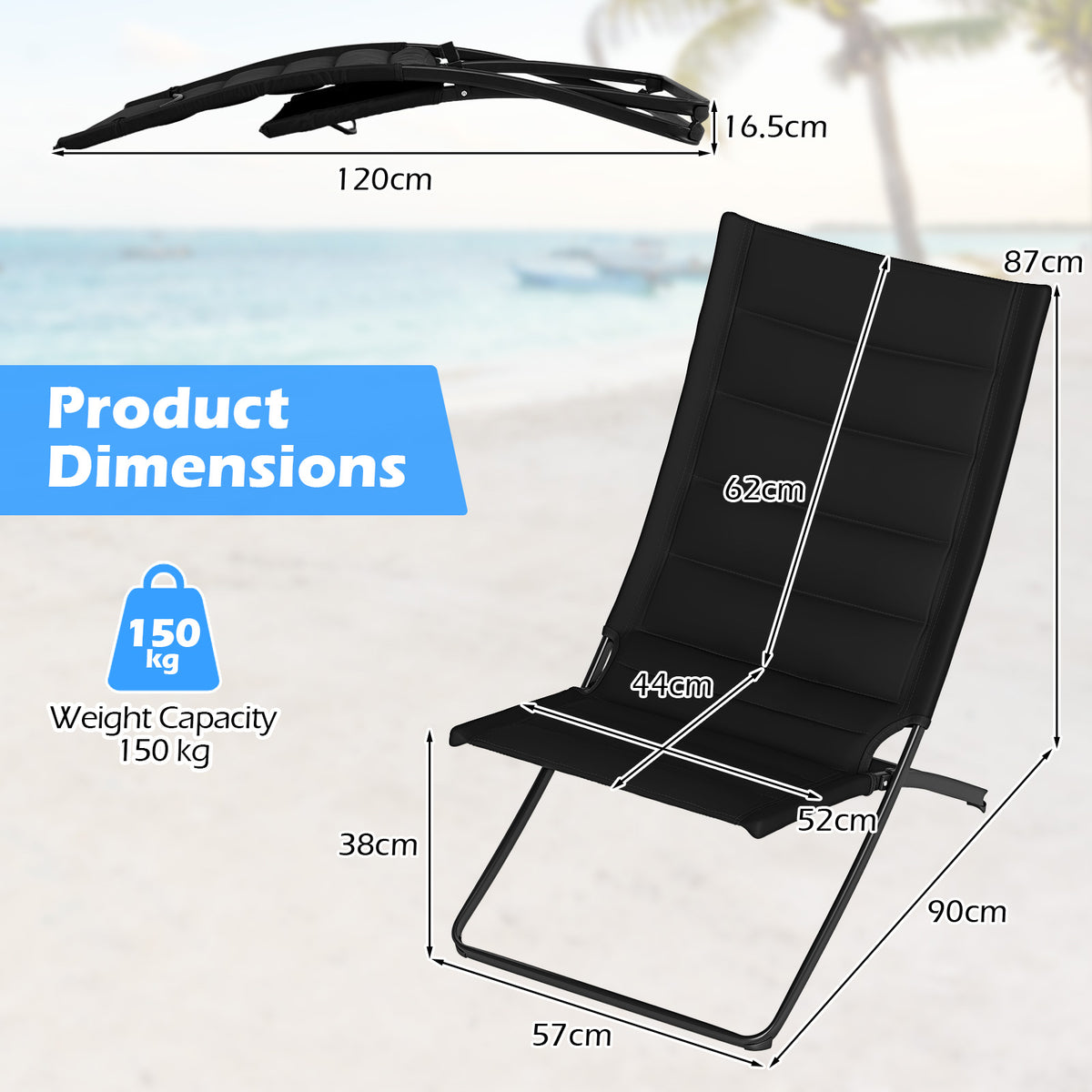 Folding Beach Chairs Set of 2 with Padded Backs and Seats for Adults-Black