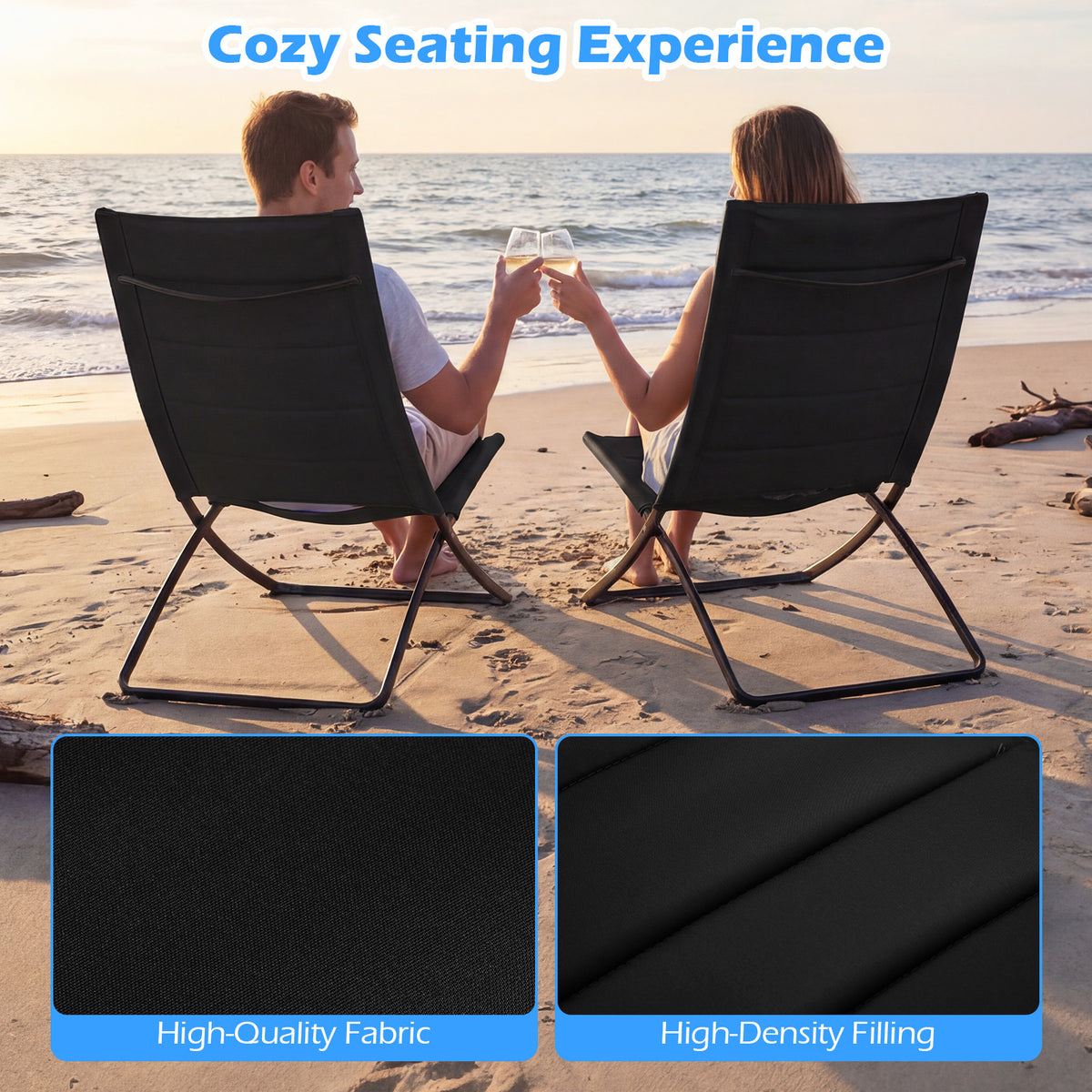 Folding Beach Chairs Set of 2 with Padded Backs and Seats for Adults-Black