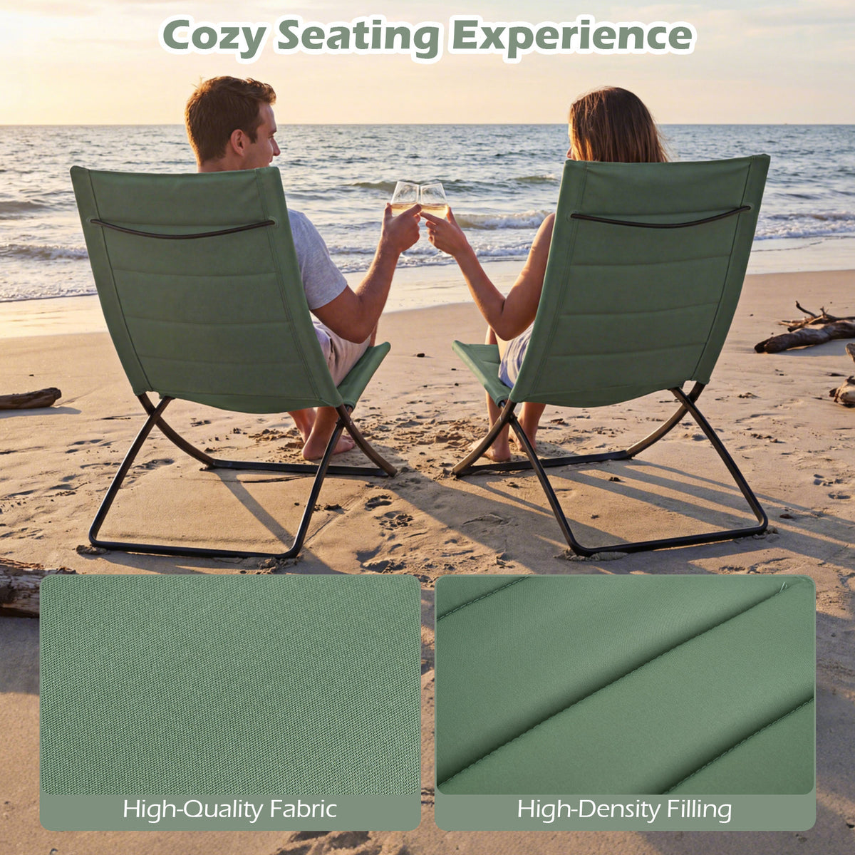 Folding Beach Chairs Set of 2 with Padded Backs and Seats for Adults-Green