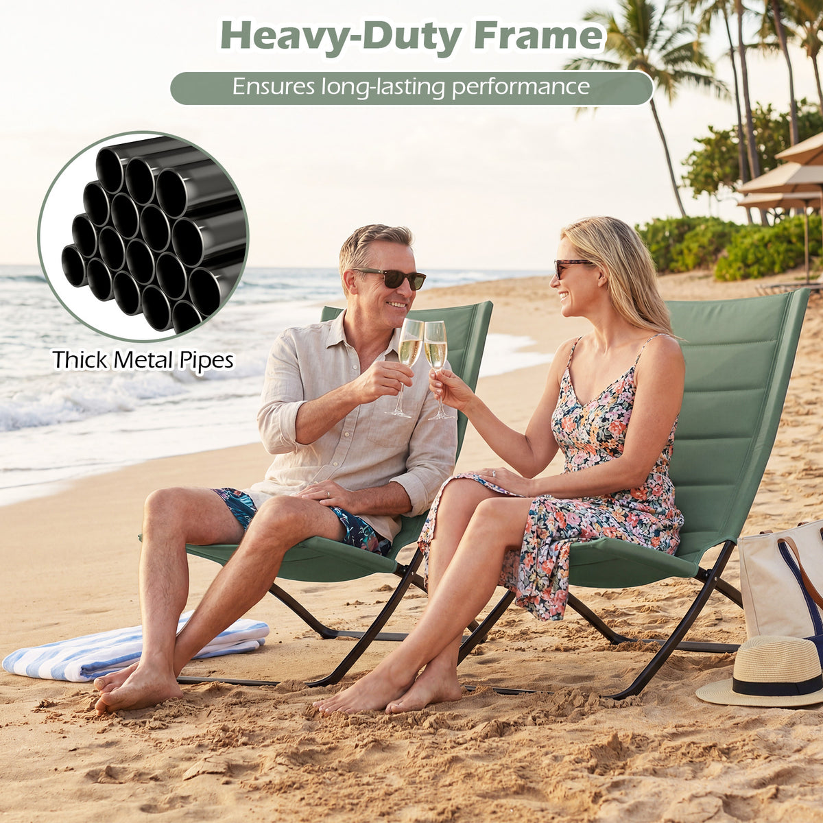 Folding Beach Chairs Set of 2 with Padded Backs and Seats for Adults-Green