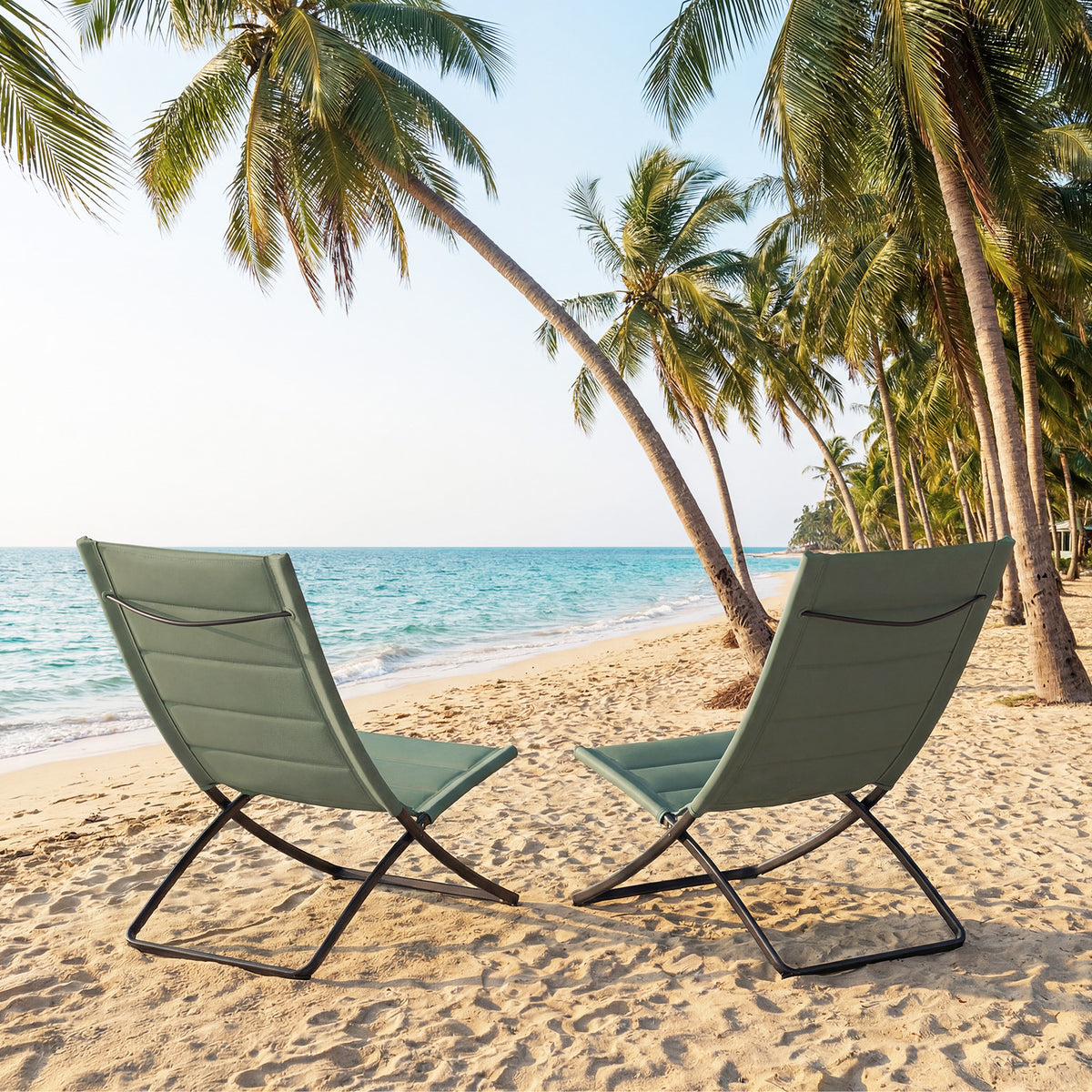 Folding Beach Chairs Set of 2 with Padded Backs and Seats for Adults-Green
