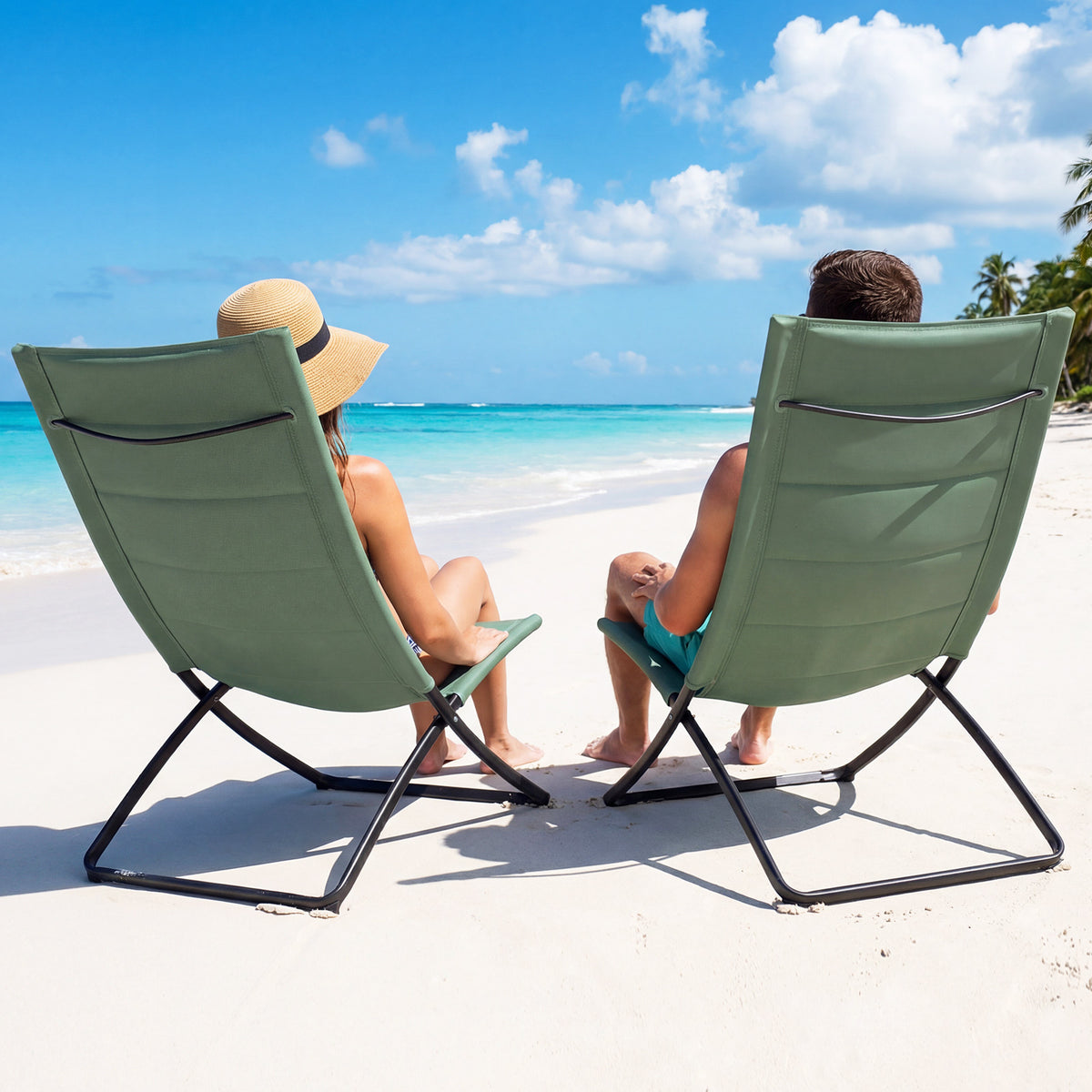 Folding Beach Chairs Set of 2 with Padded Backs and Seats for Adults-Green
