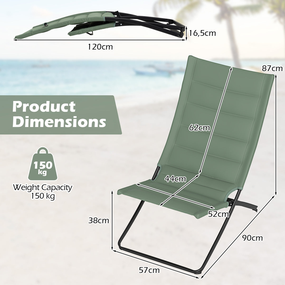 Folding Beach Chairs Set of 2 with Padded Backs and Seats for Adults-Green