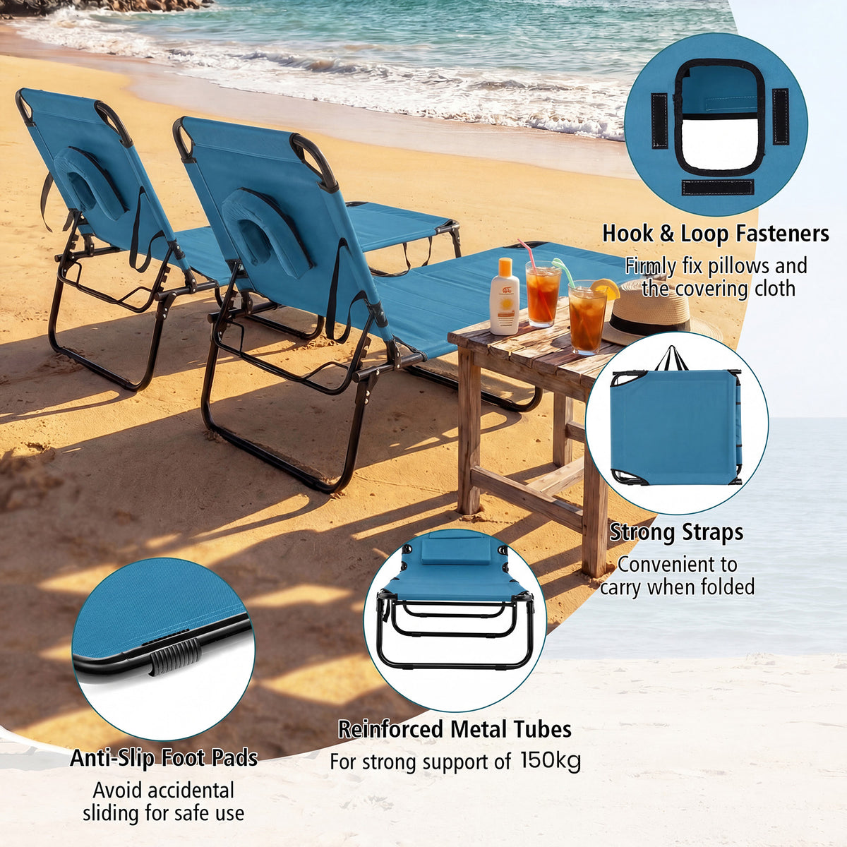 Folding Beach Sun Lounger Adjustable Face Down Tanning Chair with Face Hole and Removable Pillows-Blue
