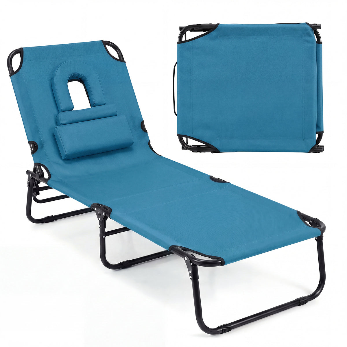 Folding Beach Sun Lounger Adjustable Face Down Tanning Chair with Face Hole and Removable Pillows-Blue