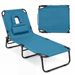 Folding Beach Sun Lounger Adjustable Face Down Tanning Chair with Face Hole and Removable Pillows-Blue