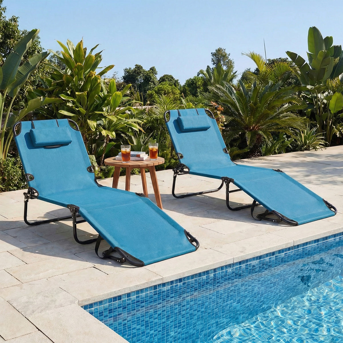 Folding Beach Sun Lounger Adjustable Face Down Tanning Chair with Face Hole and Removable Pillows-Blue