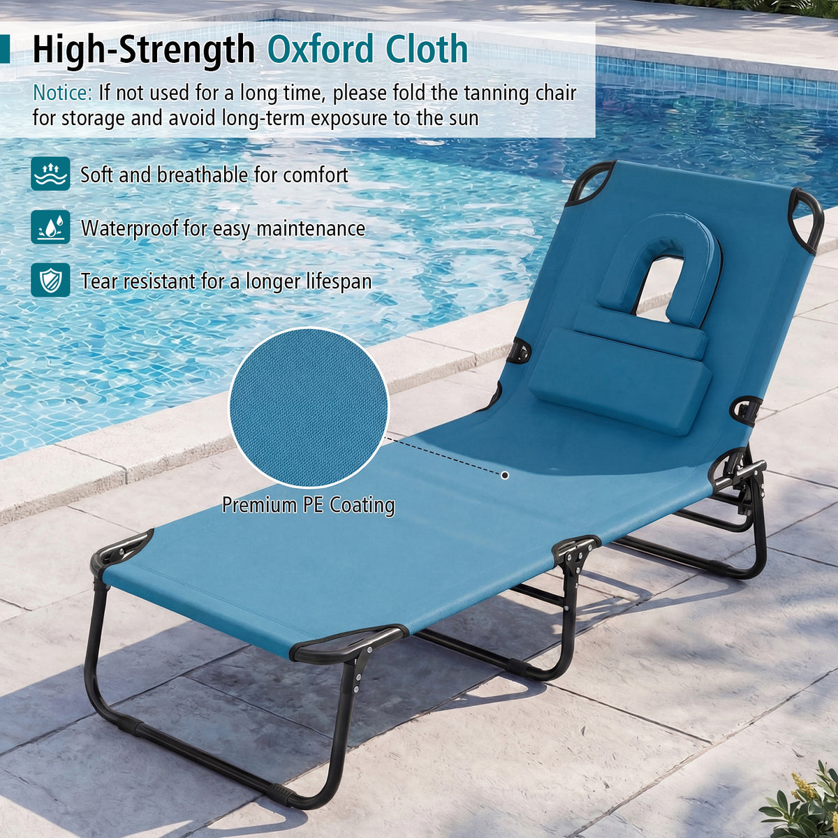 Folding Beach Sun Lounger Adjustable Face Down Tanning Chair with Face Hole and Removable Pillows-Blue