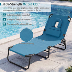 Folding Beach Sun Lounger Adjustable Face Down Tanning Chair with Face Hole and Removable Pillows-Blue