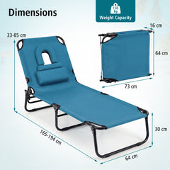 Folding Beach Sun Lounger Adjustable Face Down Tanning Chair with Face Hole and Removable Pillows-Blue