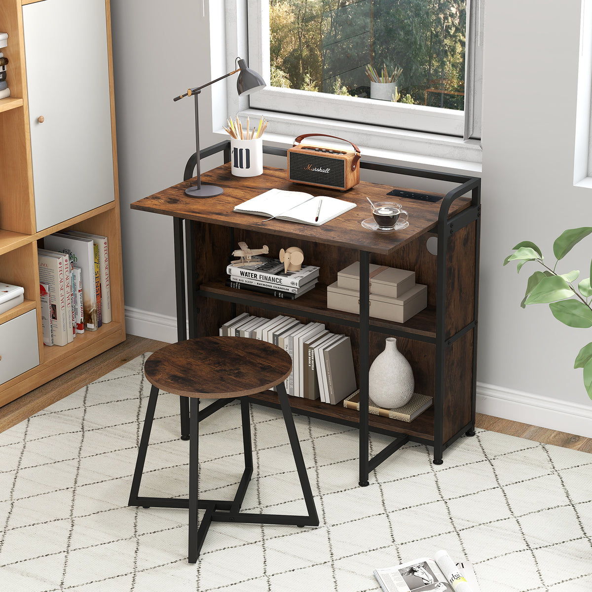 Folding Computer Desk with Stool and Storage Shelves with AC Outlets-Rustic Brown