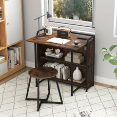 Folding Computer Desk with Stool and Storage Shelves with AC Outlets-Rustic Brown