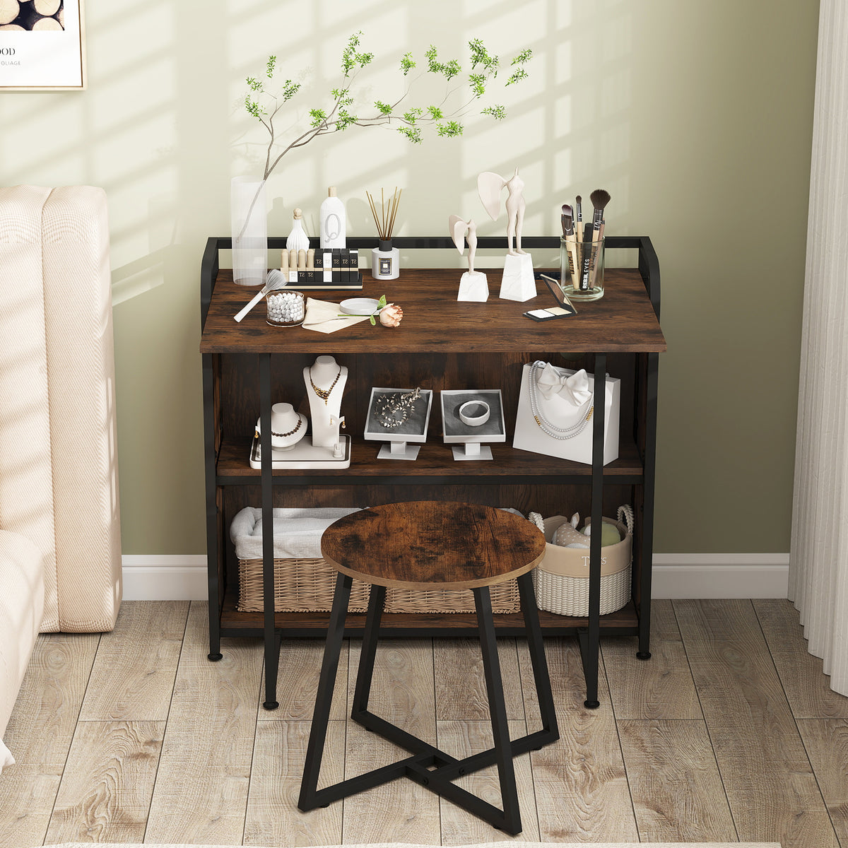 Folding Computer Desk with Stool and Storage Shelves with AC Outlets-Rustic Brown