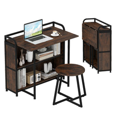 Folding Computer Desk with Stool and Storage Shelves with AC Outlets-Rustic Brown