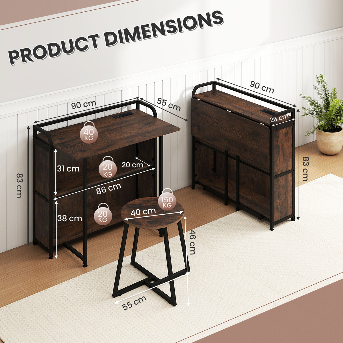 Folding Computer Desk with Stool and Storage Shelves with AC Outlets-Rustic Brown